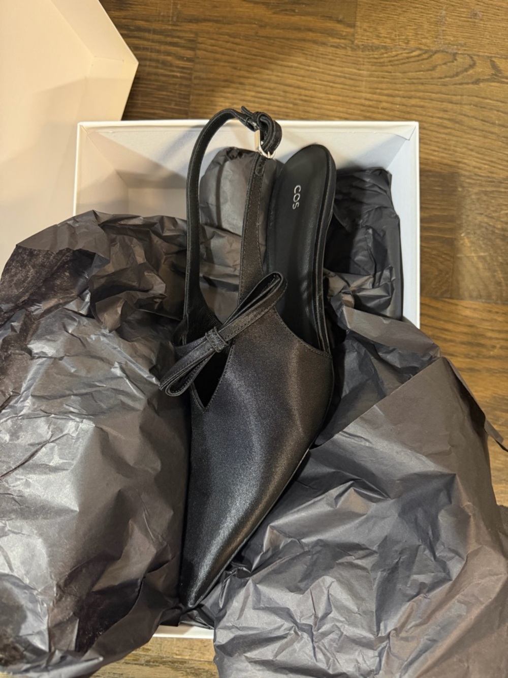 COS Black Satin Pointed Slingback Mule with Bow